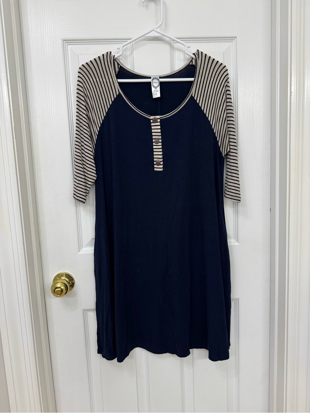 Honeyme Navy dress with Cream Striped Henley Placket